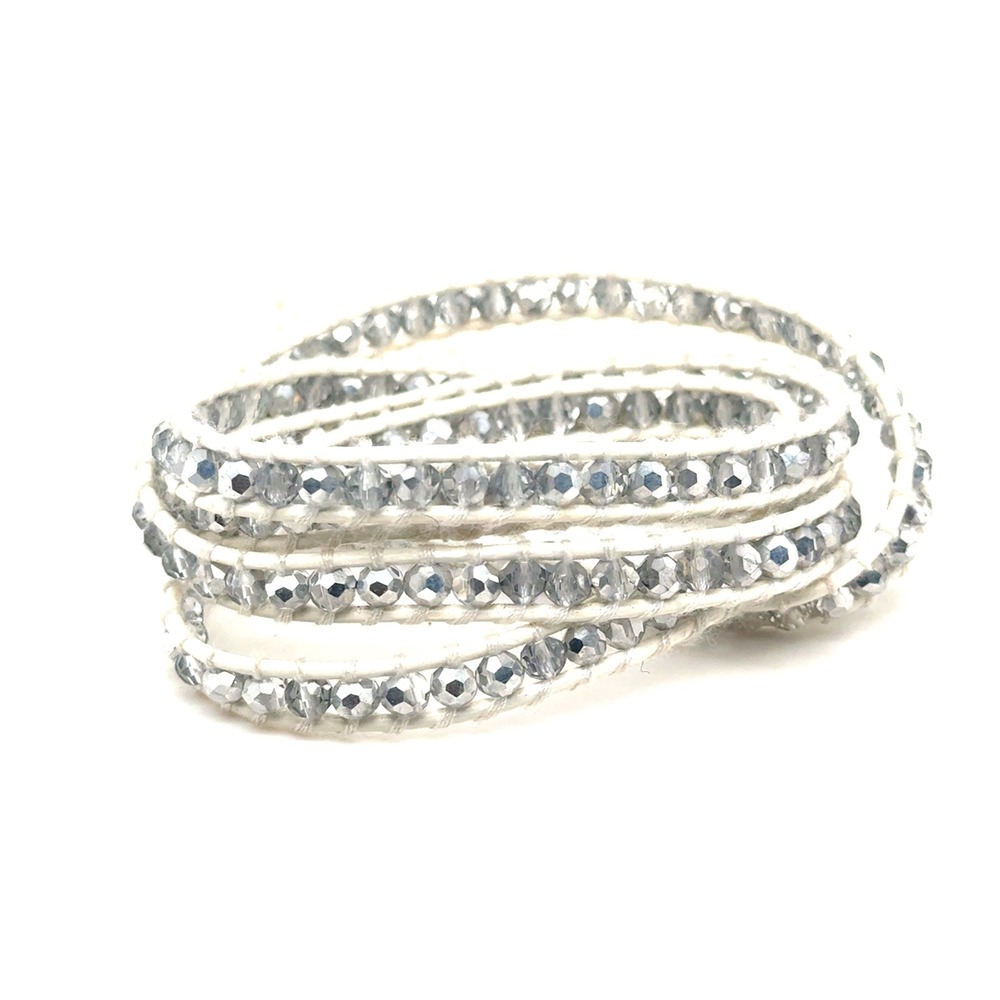 Victoria Emerson Silver Beaded White Cord Multi Wrap Bracelet Adjustable 34-36in